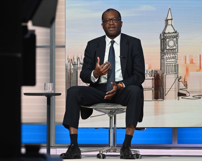 Kwasi Kwarteng in a London being interview by Laura Kuenssberg from the Labour conference in Liverpool